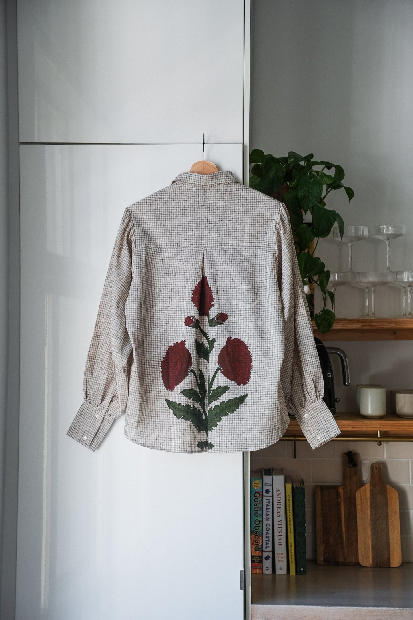 Elvira shirt - Beige ruter og valmue