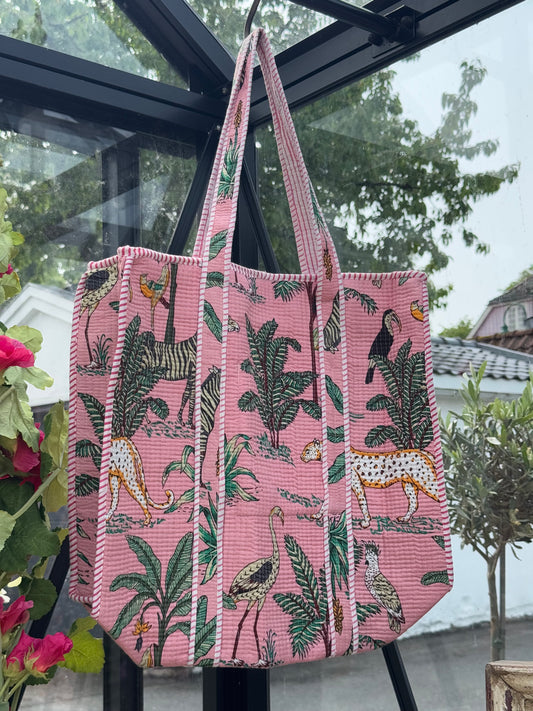 Quilted bag m/zip - rosa med dyreprint