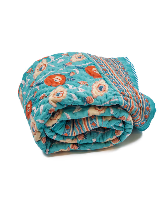 Vatteppe - Turkis med røde og gule valmuer