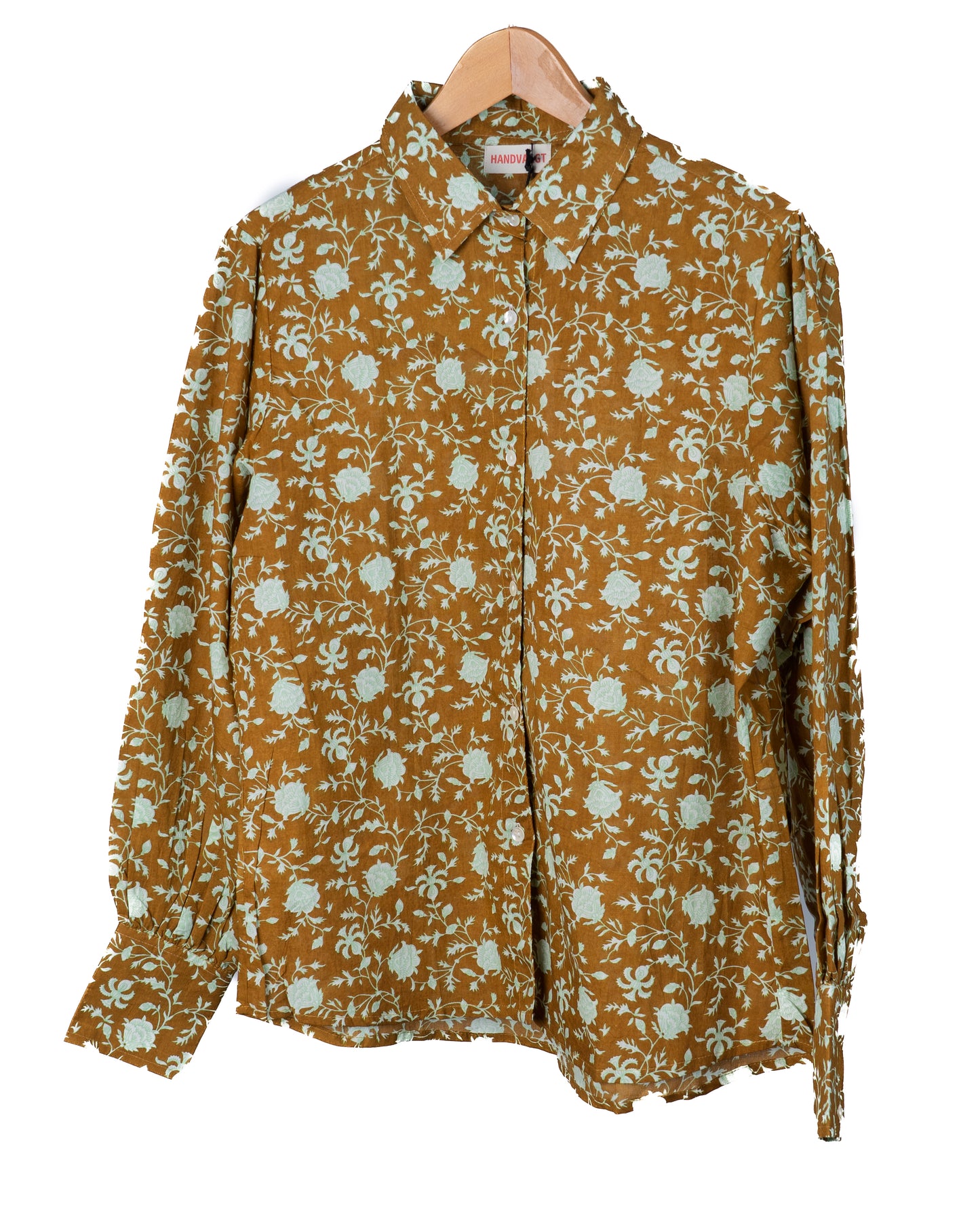 Elvira shirt - gyldenbrun med blomster i mint