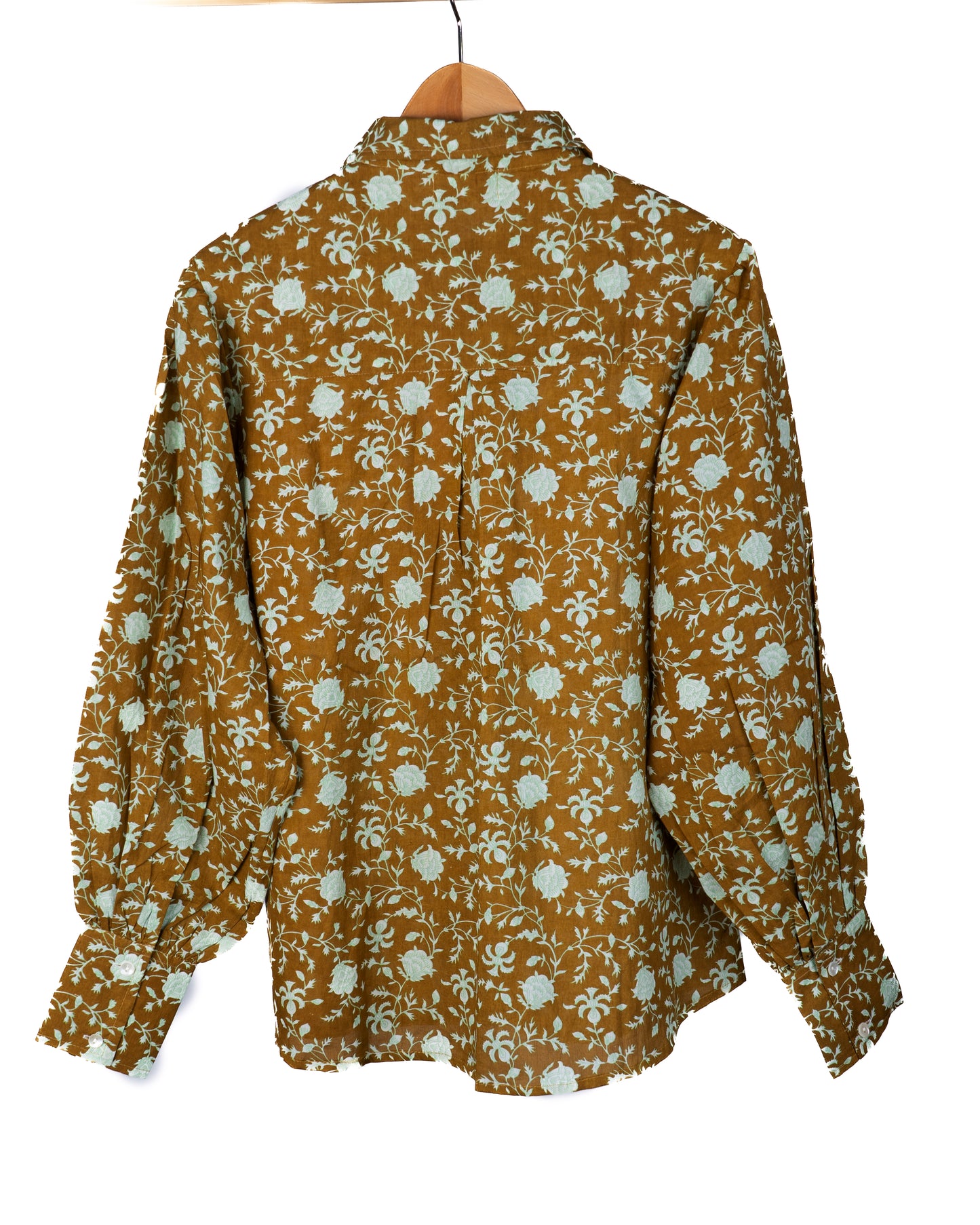Elvira shirt - gyldenbrun med blomster i mint
