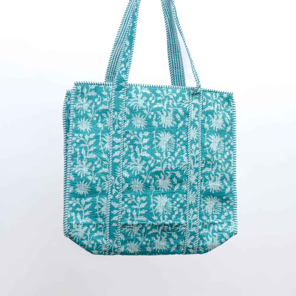 Quilted bag m/zip - turkis med blomster
