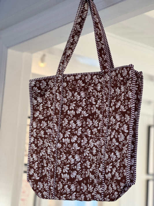 Quilted bag m/zip - brun med blomster