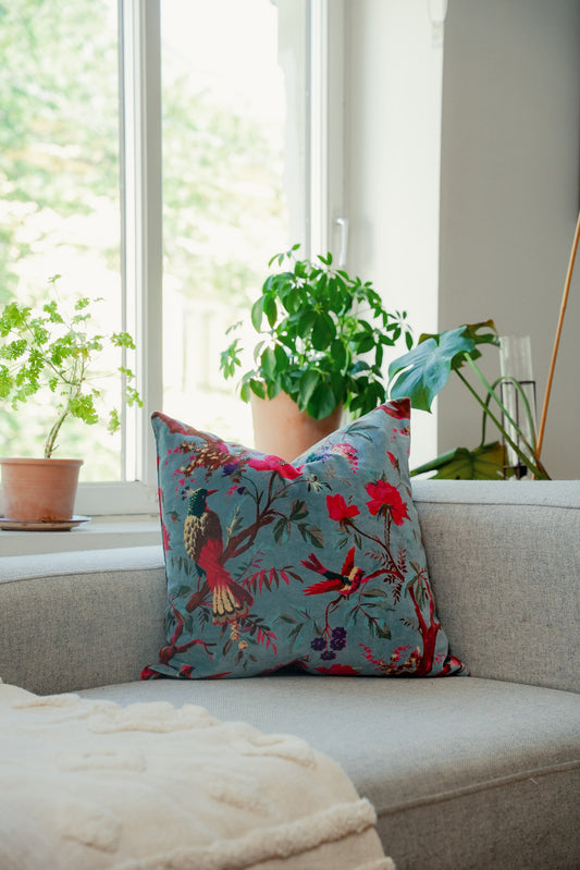 Velour lys blågrå med fugler
